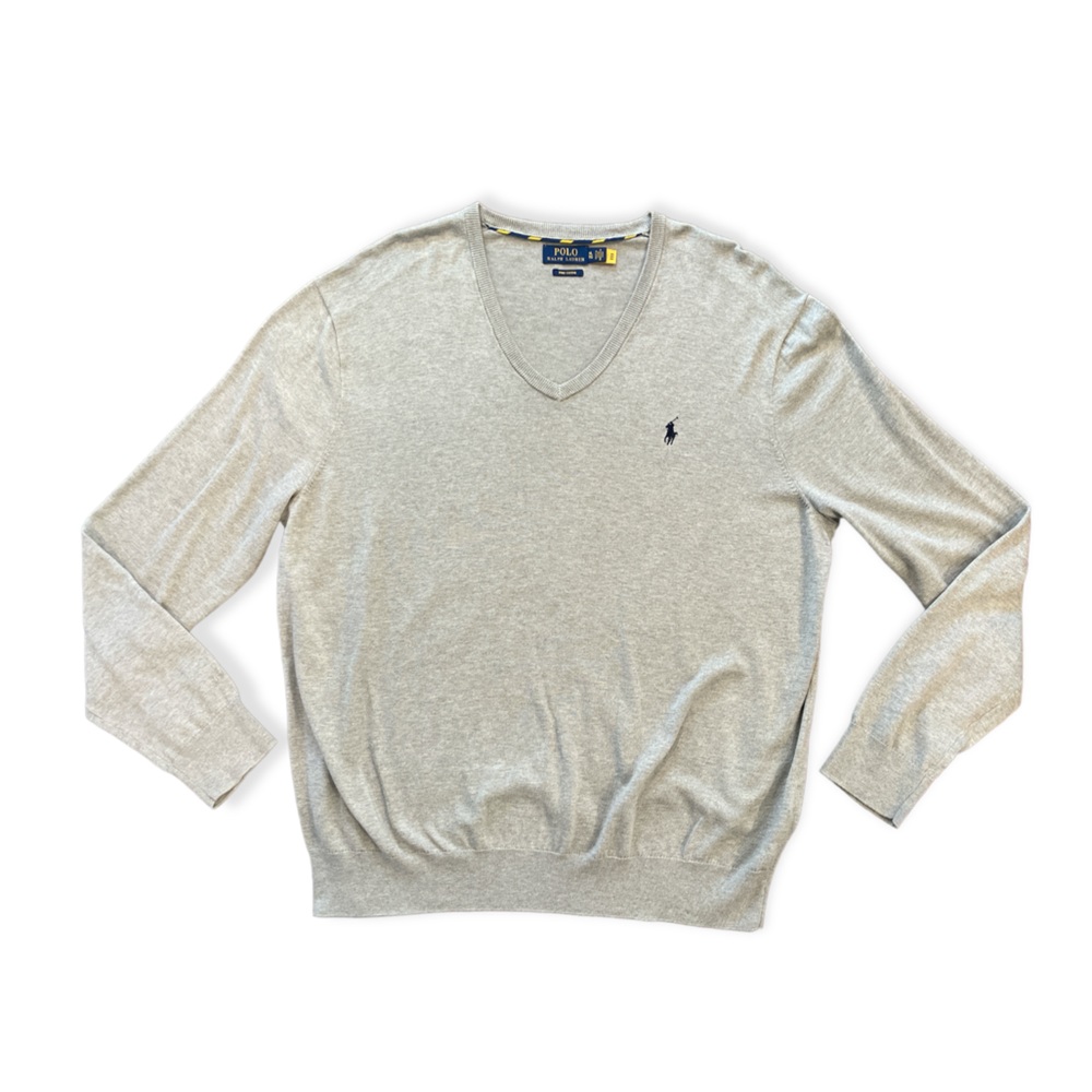 RALPH LAUREN POLO MENS PIMA COTTON V NECK LONG SLEEVE HEATHER GREY SWEATER - Picture 2 of 8
